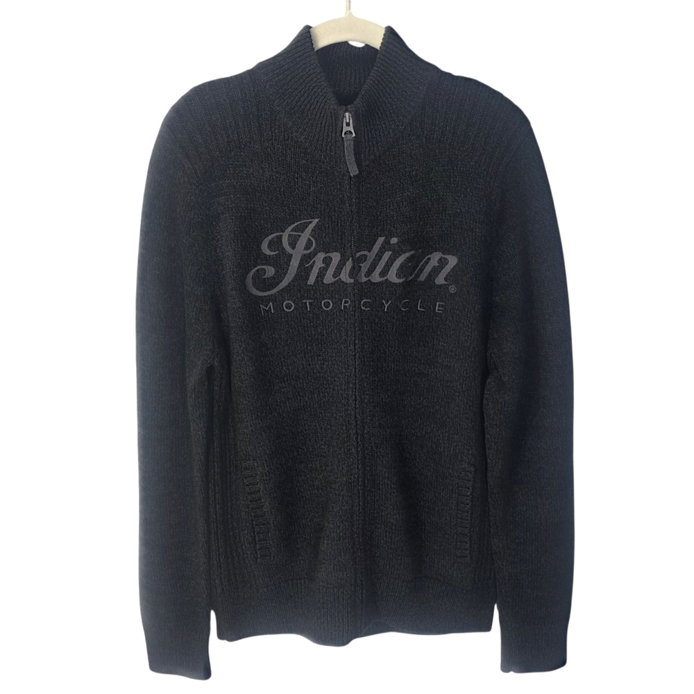 Indian Motorcycle Lucky Brand Front Zip Knit Sweater Jacket Charcoal Gray Sz M